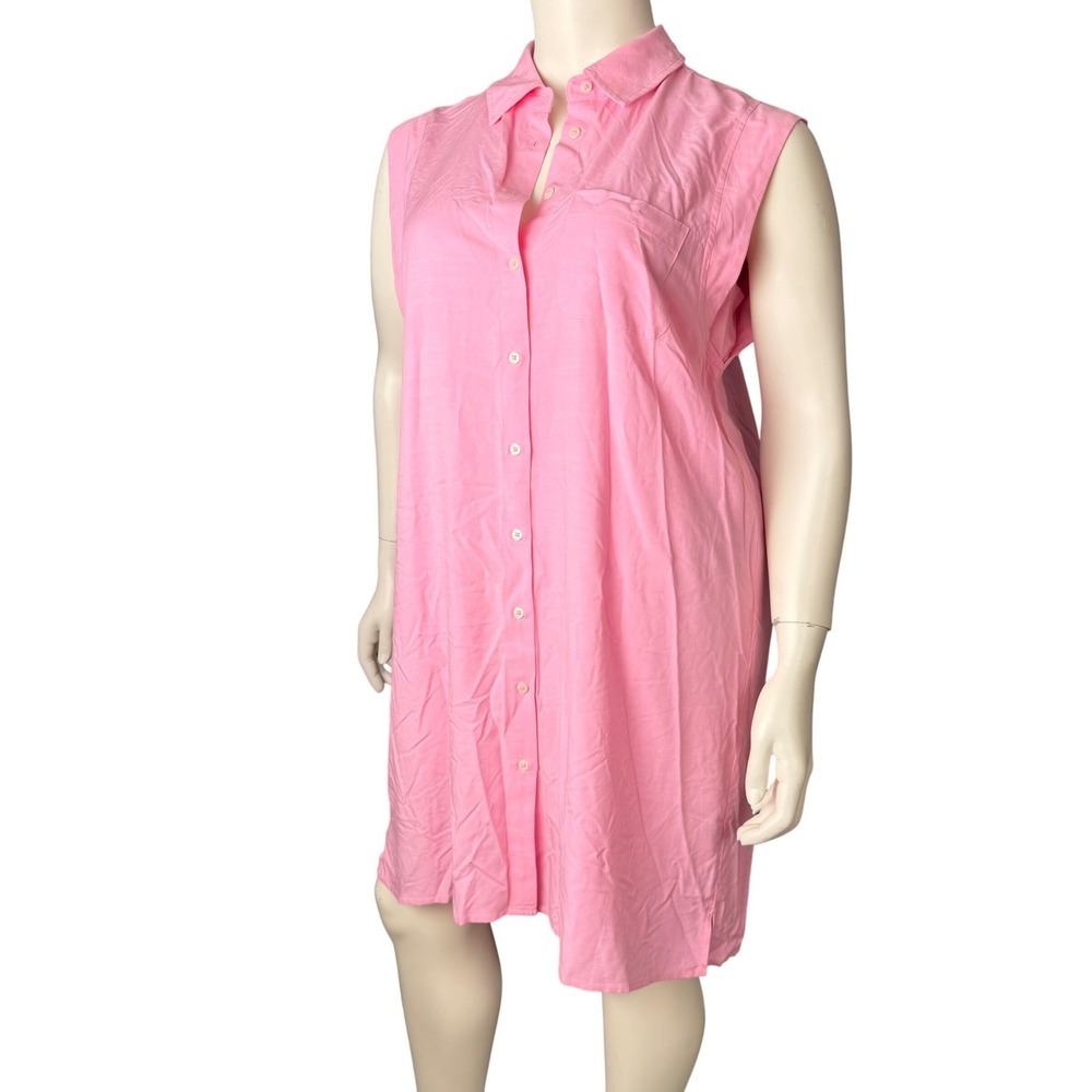 Vero Par Veronique Pink‎ Shirt Dress Sleeveless Coastal Preppy Barbiecore L + XL